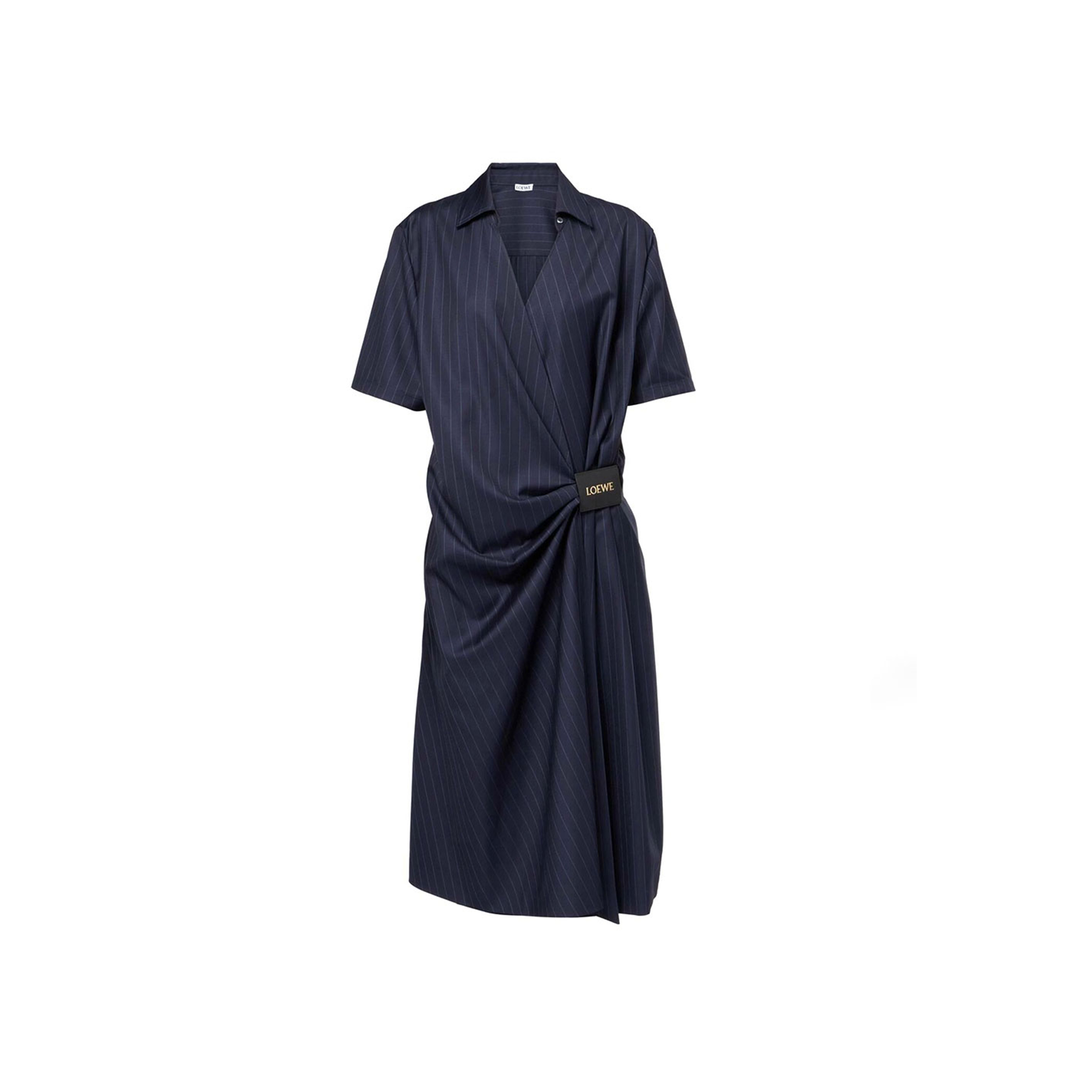 LOEWE PINSTRIPE GATHERED WOOL WRAP DRESS 